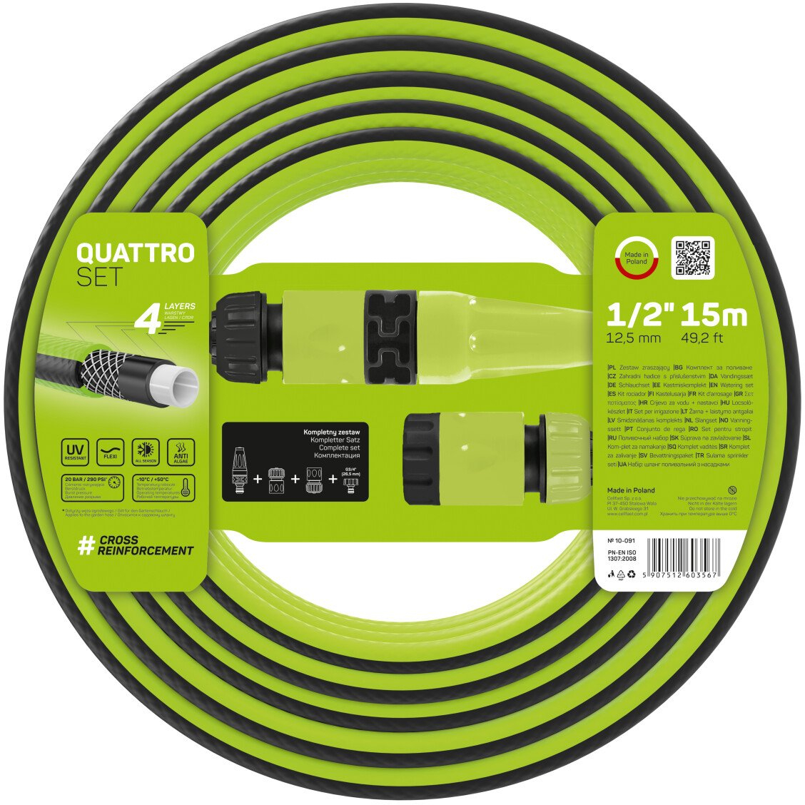 set furtun pentru gradina cellfast quattro cu 4 straturi, 1 2 , armat, 15m, protectie uv, stropitor, conector - imagine 6